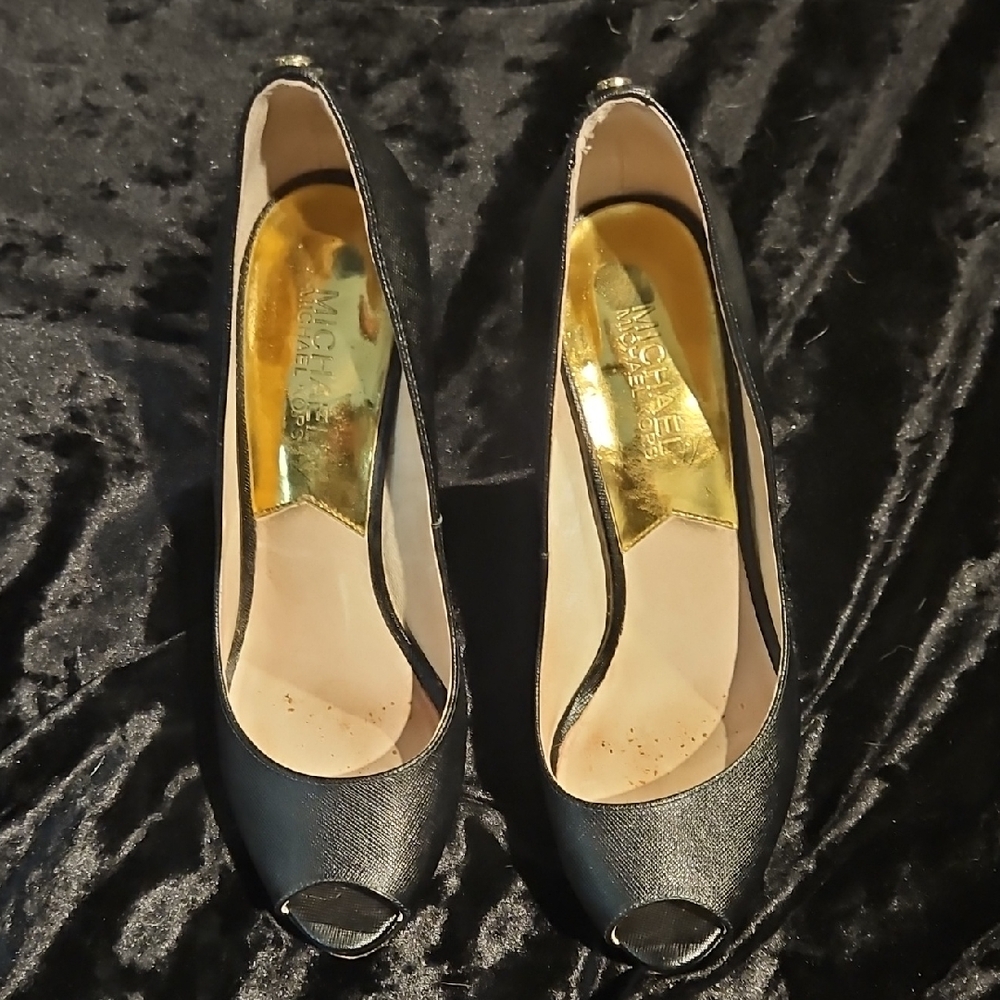 Michael Kors Black Peep Toe Heels with Gold Accents